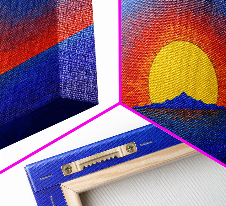 Geometric Ocean Sunset Wall Art, Mid Century Modern Landscape, Retro Sun Poster, Blue Orange Canvas Print For Coastal Decor