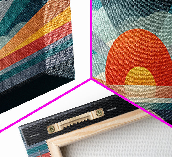 Retro Radiant Sunrise Wall Art, Mid Century Modern Geometric Poster, Abstract Desert Sun Canvas Print, Colorful Home Decor