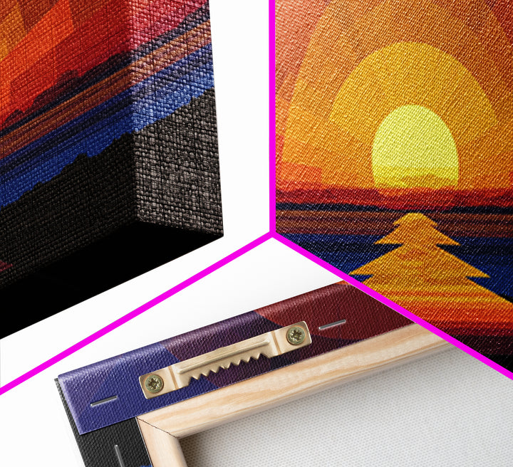 Geometric Sunset Over Ocean Path Wall Art, Mid Century Modern Abstract, Retro Sun Poster, Colorful Living Room Decor Print