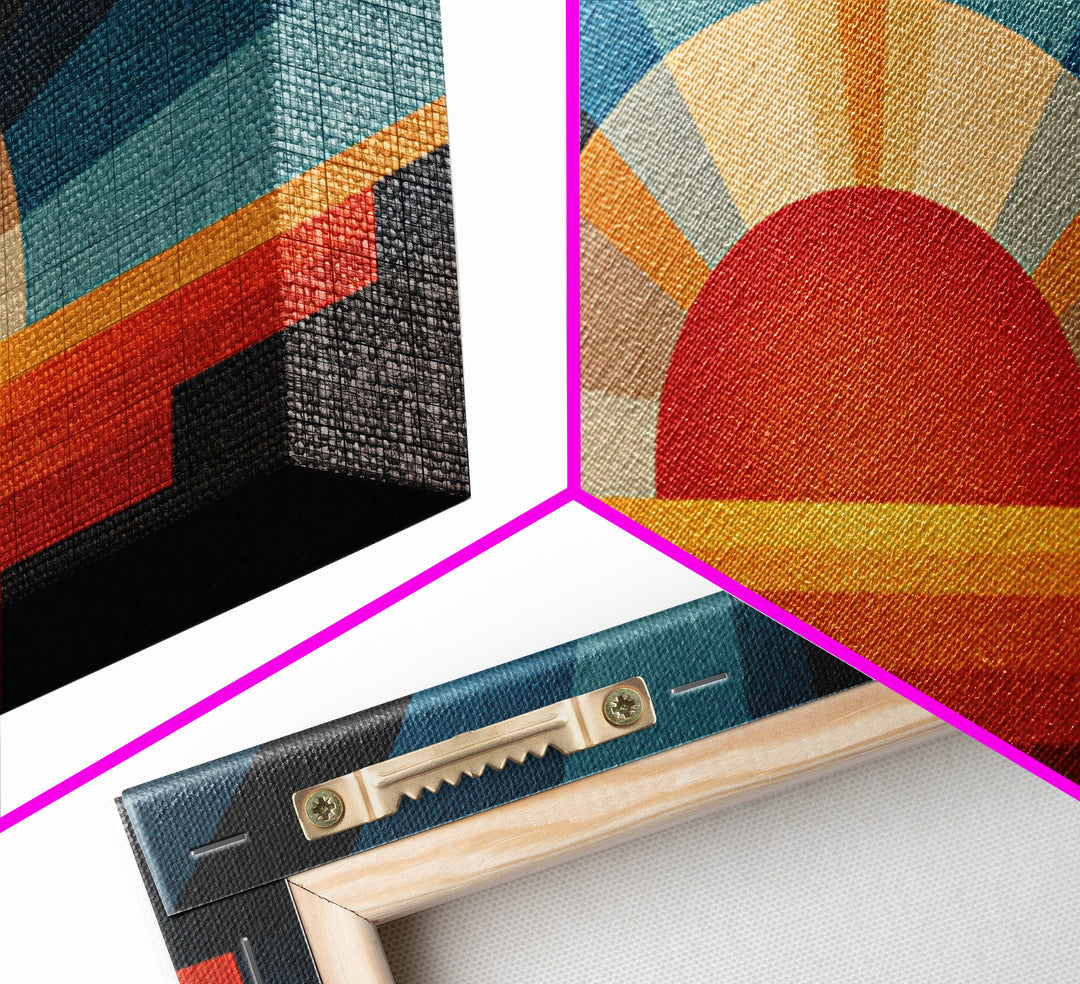 Textured Sun Rising Over Horizon Canvas Print, Mid Century Modern Abstract, Retro Wall Decor, Orange Blue Living Room Art