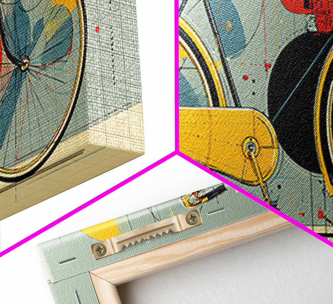 Classic City Bicycle With Abstract Circles Framed Canvas Print, Mid Century Modern Wall Art, Retro Bike Poster, Studio Decor