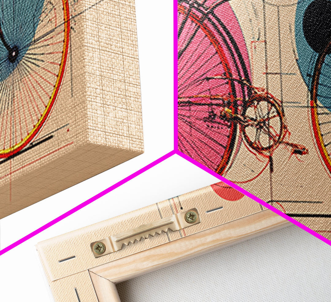 Retro Bicycle With Pink Blue Circles Canvas Print, Mid Century Modern Wall Art, Geometric Poster, Colorful Apartment Decor