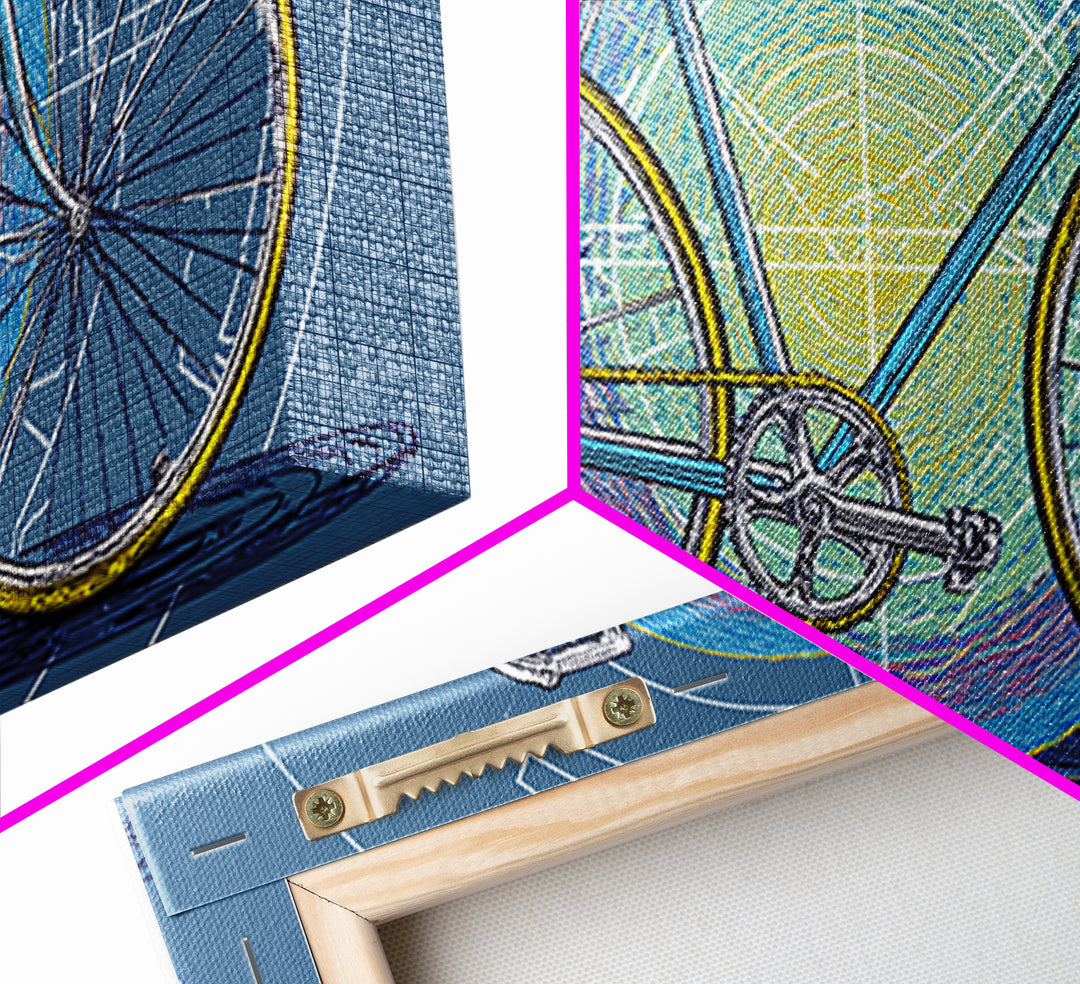 Touring Bicycle With Rainbow Circle Framed Canvas Print, Mid Century Modern Wall Art, Retro Cycling Poster, Blue Office Decor