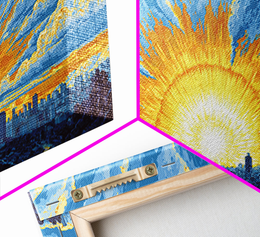 Golden Sunrise City Skyline Wall Art, Blue Sky Urban Landscape Canvas Print, Modern Home Decor, Statement Living Room Art