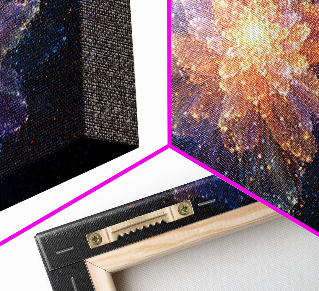 Glowing Cosmic Flower Canvas Print, Blue Orange Abstract Bloom, Spiritual Space Artwork, Modern Wall Art For Bedroom Decor