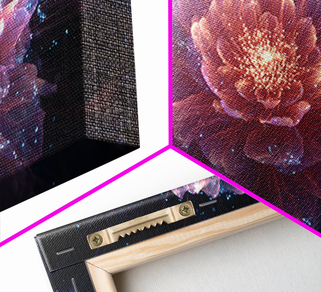Radiant Pink Peony Canvas Print, Cosmic Floral Bloom, Blue Sparkle Abstract Art, Modern Wall Art For Bedroom And Living Room