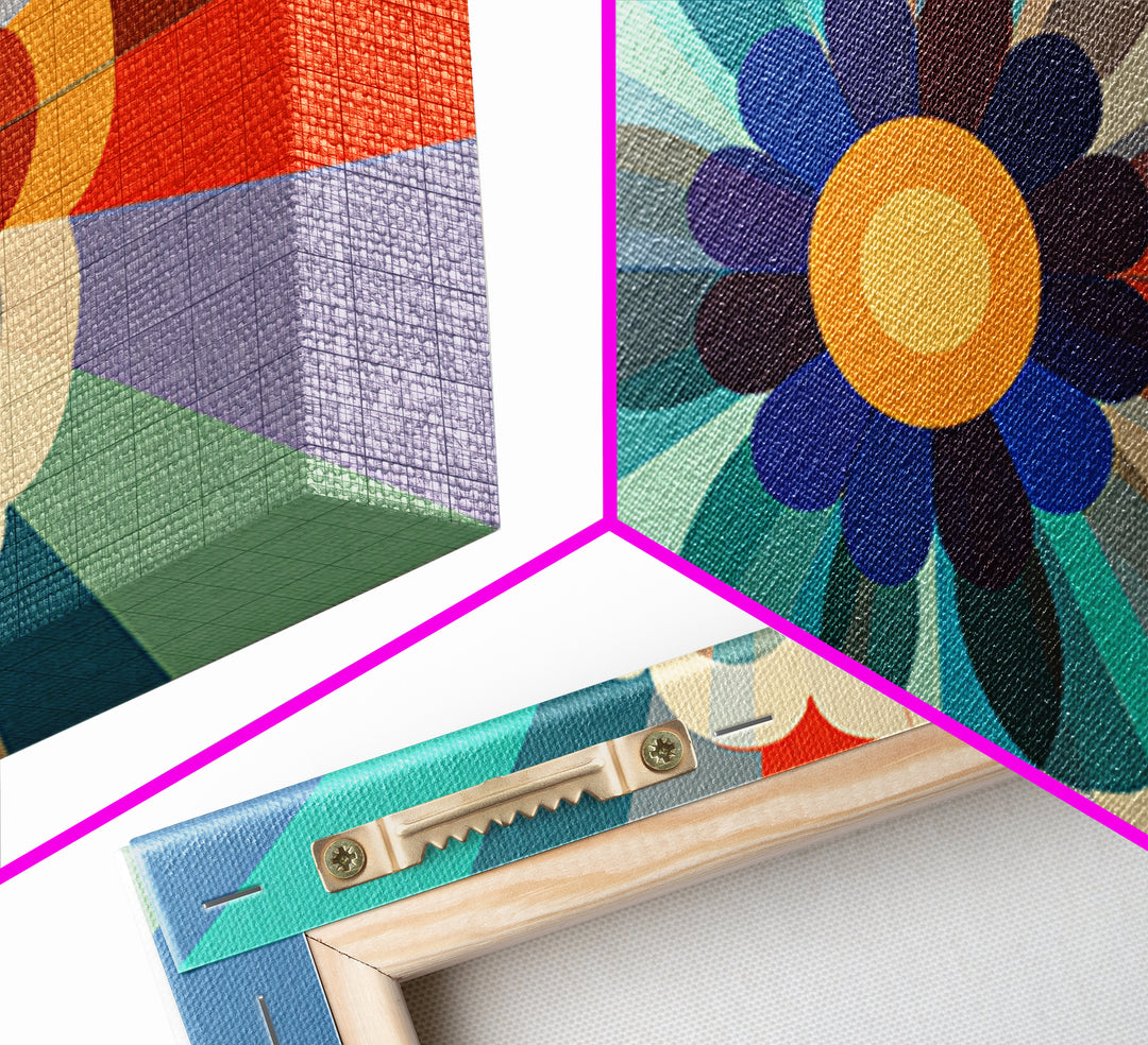 Retro Geometric Flower Wall Art, Colorful Mid Century Modern Radial Bloom, Bauhaus Poster, Bold Abstract Home Decor Print