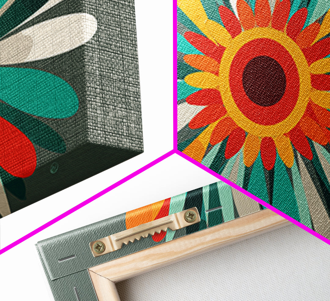 Teal Orange Atomic Flower Wall Art, Mid Century Modern Abstract Burst, Retro Geometric Poster, MCM Home Decor Canvas Print