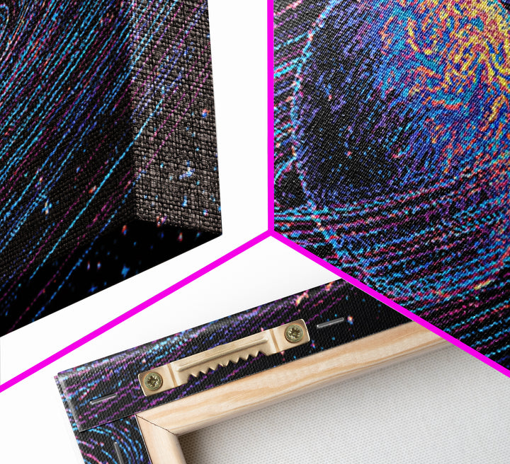 Ringed Planet Space Wall Art, Retro Sci Fi Canvas Print, Cosmic Abstract Art, Modern Digital Art Poster For Bedroom Decor
