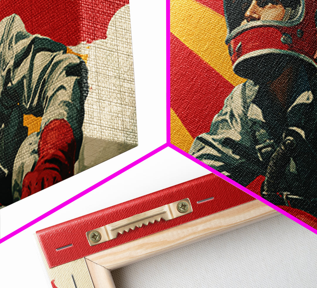 Retro Space Racer Canvas Print, Helmeted Pilot With Arrows Poster, Midcentury Modern Wall Decor, Bold Red Adventure Art Print