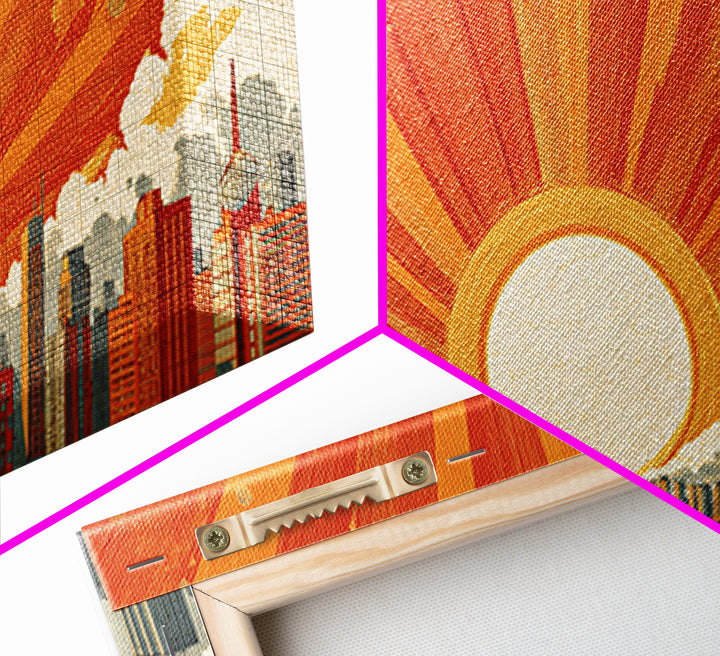 Giant Orange Sun Over City Wall Art, Midcentury Modern Skyline Print, Retro Urban Poster, Warm Home Office Decor Canvas Print