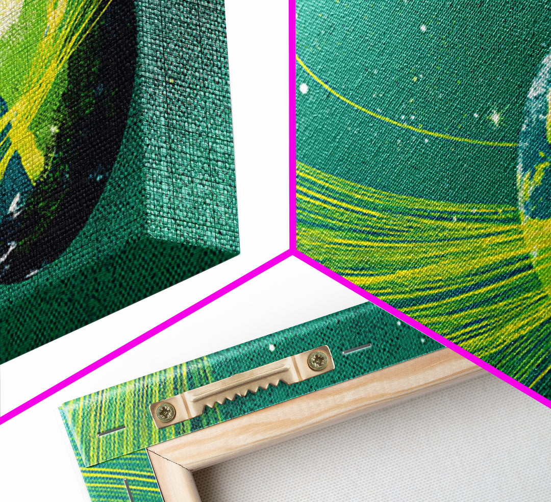 Green Earth Orbit Lines Canvas Print, Retro Space Abstract Wall Decor, Mid Century Modern Art, Cosmic Planet Living Room Decor