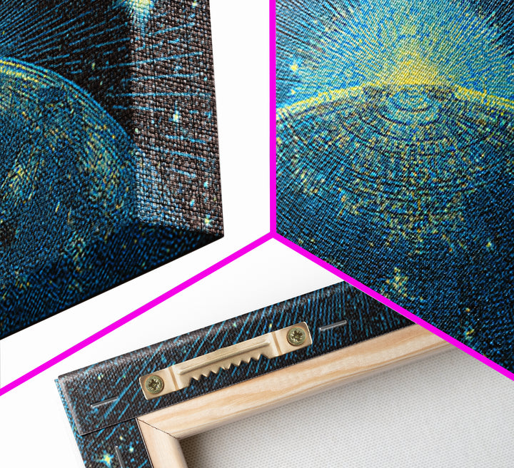 Blue Planet Horizon Canvas Print, Starburst Space Wall Art, Mid Century Modern Abstract Decor, Cosmic Sunrise Statement Poster