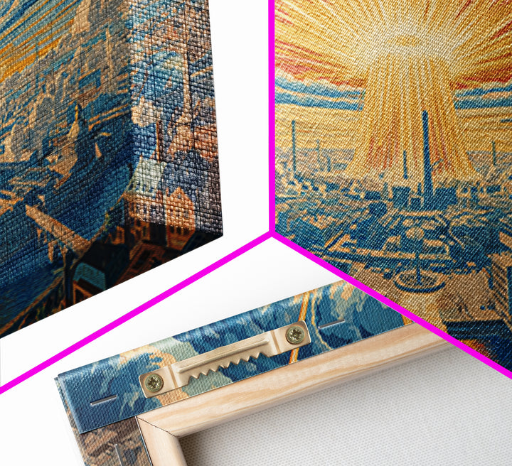 Radiant Futuristic City Sunrise Wall Art, Retro Sci Fi Skyline, Mid Century Modern Decor, Blue Orange Large Canvas Print