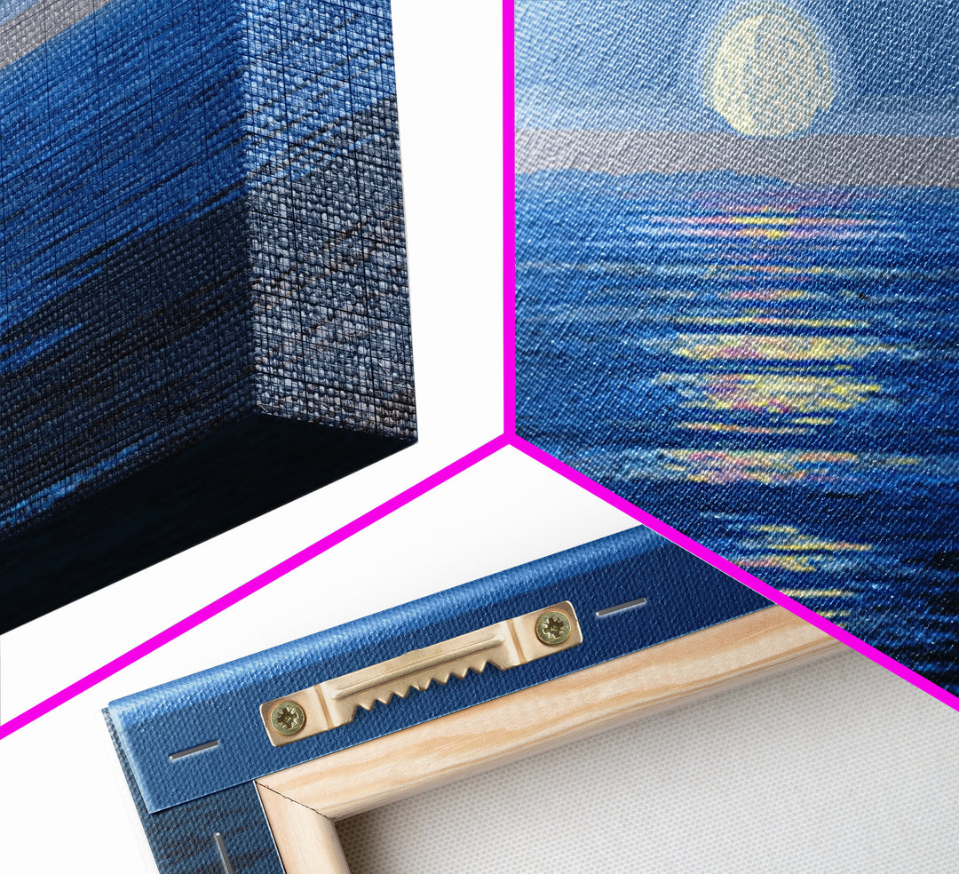 Blue Full Moon Ocean Framed Canvas Print, Coastal Seascape Wall Art, Modern Home Decor, Peaceful Bedroom Art Prints, Large Wall Decor