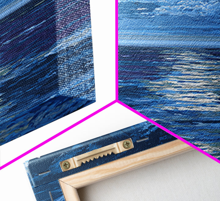 Starry Moonlit Ocean Framed Canvas Print, Dramatic Blue Seascape Wall Art, Coastal Night Decor, Modern Bedroom Art Prints