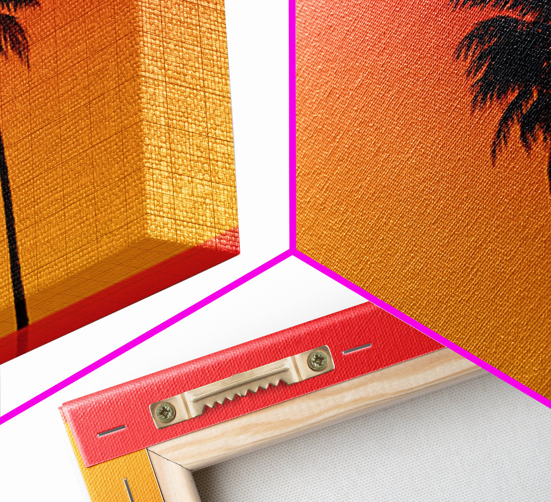 Black Palm Silhouette Sunset Wall Art, Orange Red Tropical Landscape, Retro California Poster, Modern Home Decor Canvas Print