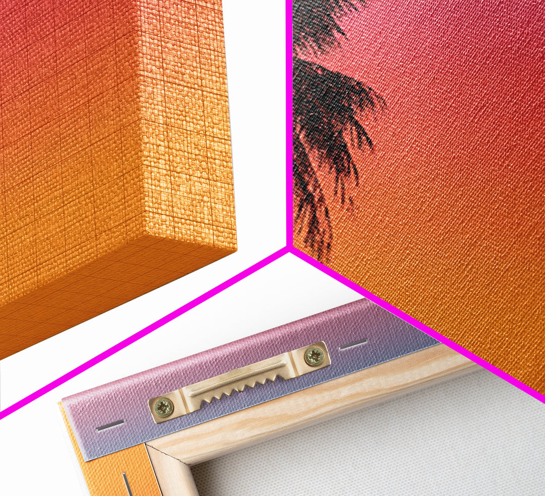 Pink Orange Palm Sunset Wall Art, Tropical Silhouette Landscape, Retro California Poster, Modern Home Decor Canvas Print