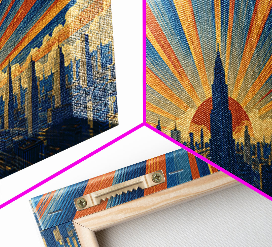 Art Deco Futuristic Skyline Framed Canvas Print, Retro Sci Fi Cityscape, Mid Century Modern Wall Decor, Blue Orange Poster