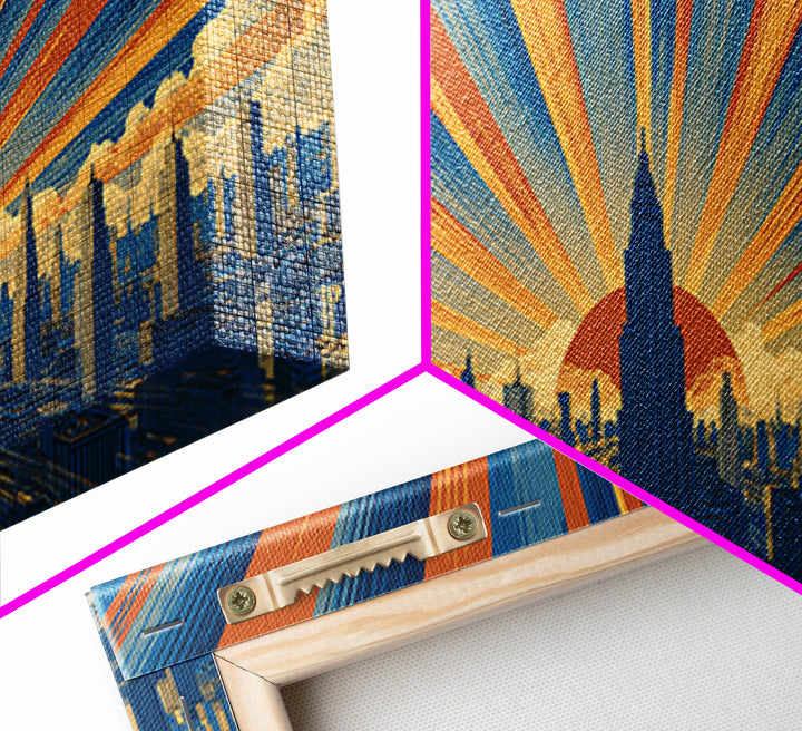 Art Deco Futuristic Skyline Framed Canvas Print, Retro Sci Fi Cityscape, Mid Century Modern Wall Decor, Blue Orange Poster