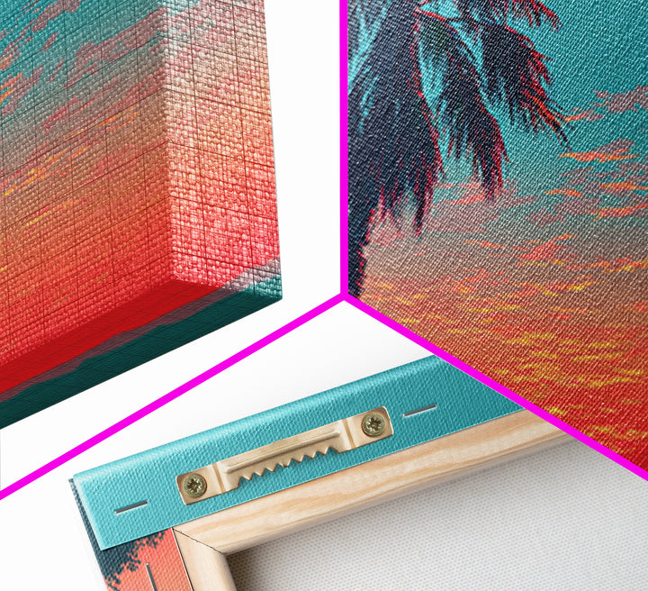Leaning Palm Coral Sunset Canvas Print, Retro Tropical Landscape, Midcentury Wall Art, Palm Springs Decor, Coastal Poster Print