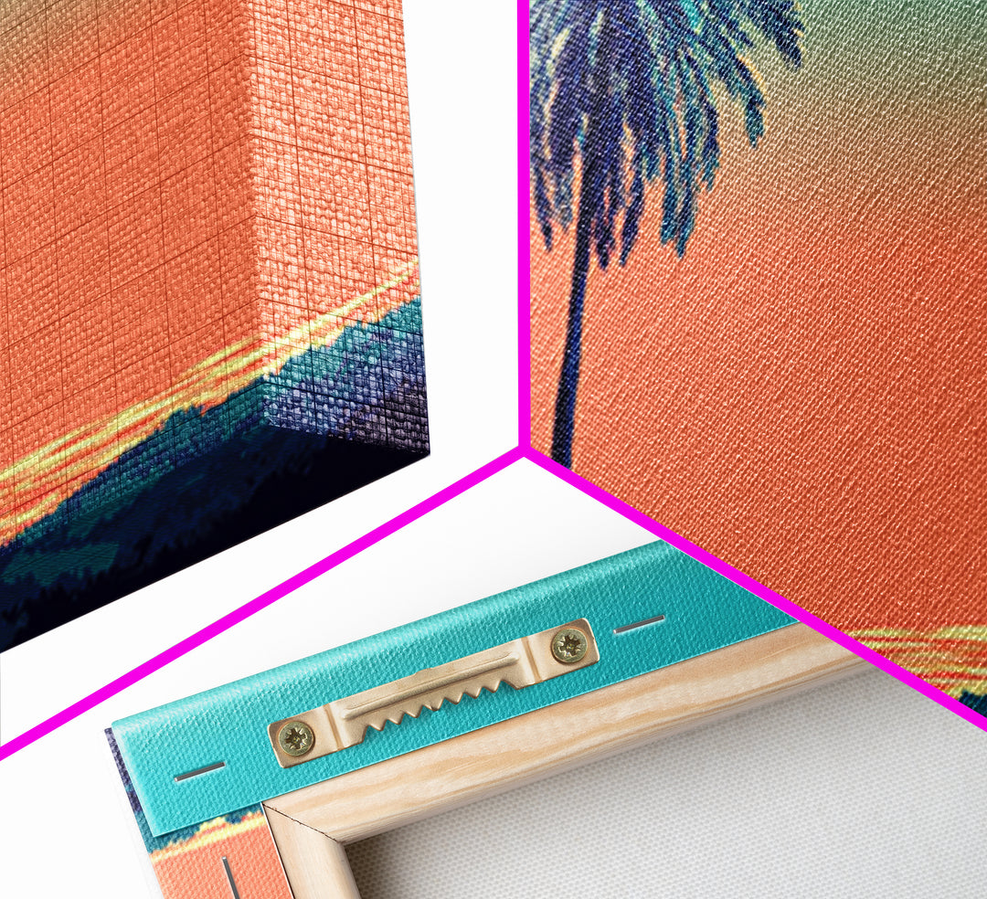 Solitary Palm Ocean Sunset Framed Canvas Print, Retro Tropical Wall Art, Midcentury Modern Decor, Coastal Home Poster Print