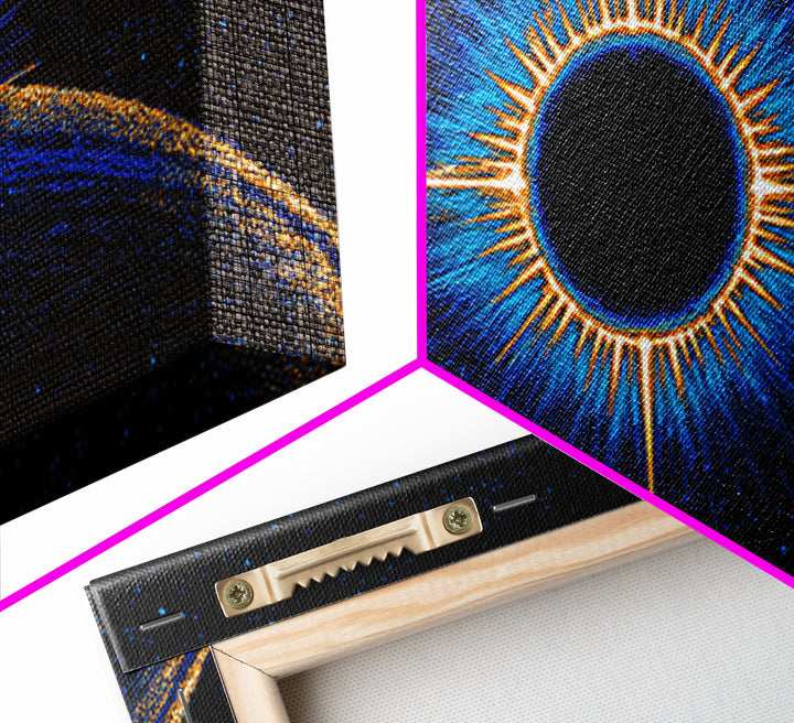 Blue Solar Eclipse Wall Art, Cosmic Retro Sci Fi Print, Black Hole Starfield Poster, Modern Digital Art, Space Decor Print