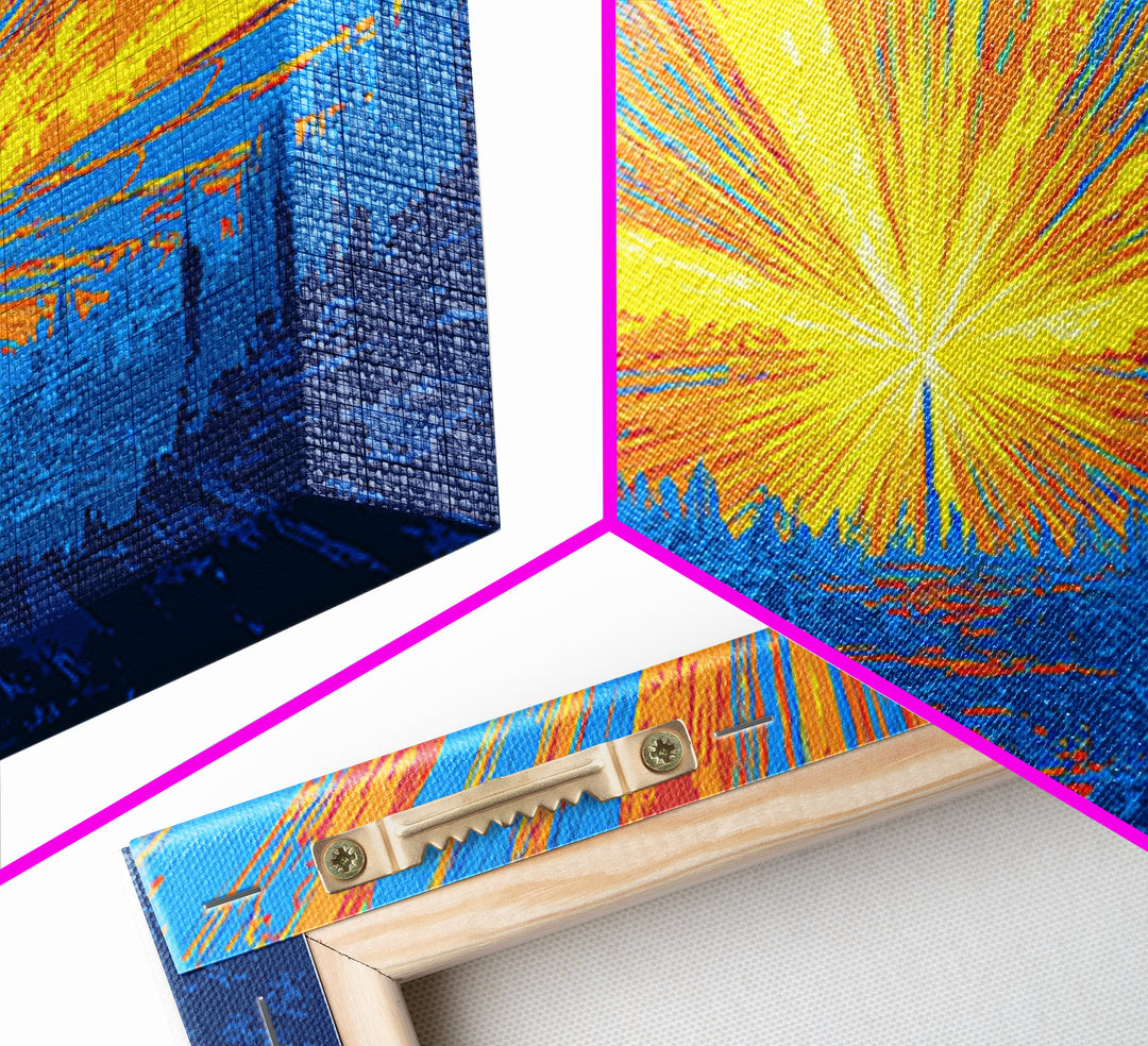 Explosive Solar Skyline Wall Art, Bright Retro Sci Fi Sunburst, Blue Orange Modern Art Print, Mid Century City Poster Decor