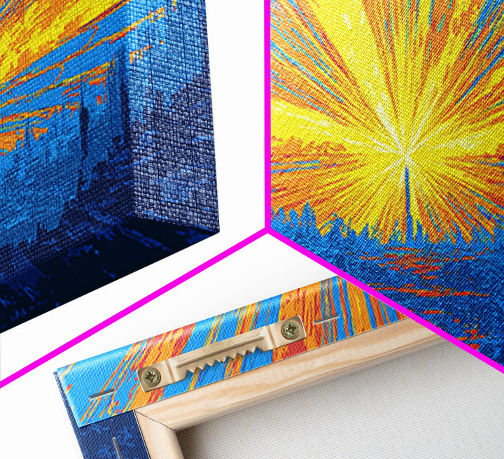 Explosive Solar Skyline Wall Art, Bright Retro Sci Fi Sunburst, Blue Orange Modern Art Print, Mid Century City Poster Decor