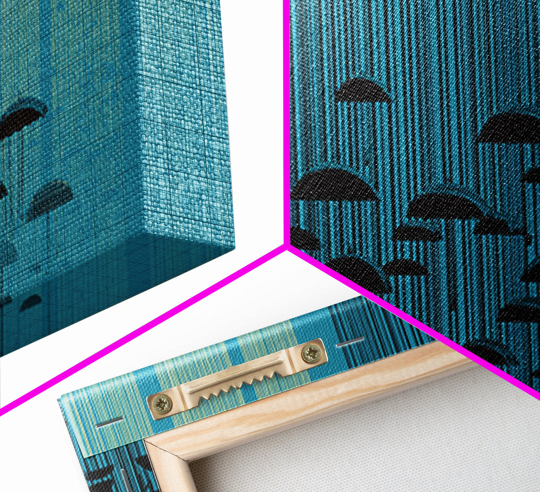 Teal Rain Umbrellas In Vertical Lines Wall Art, Midcentury Modern Abstract Print, Retro Wall Decor, Modern Home Decor For Living Room