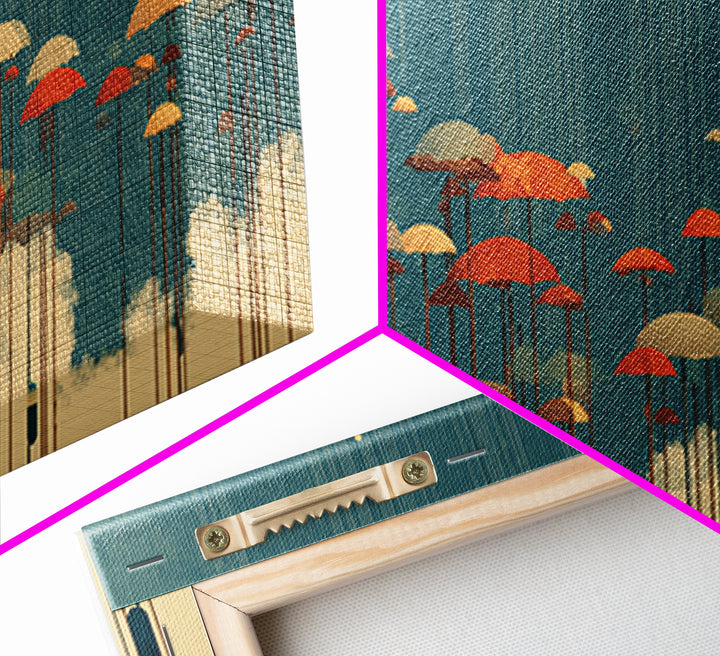 Orange Umbrellas Over Cream Clouds Wall Art, Midcentury Modern Abstract Print, Teal Retro Decor, Modern Home Decor For Living Room