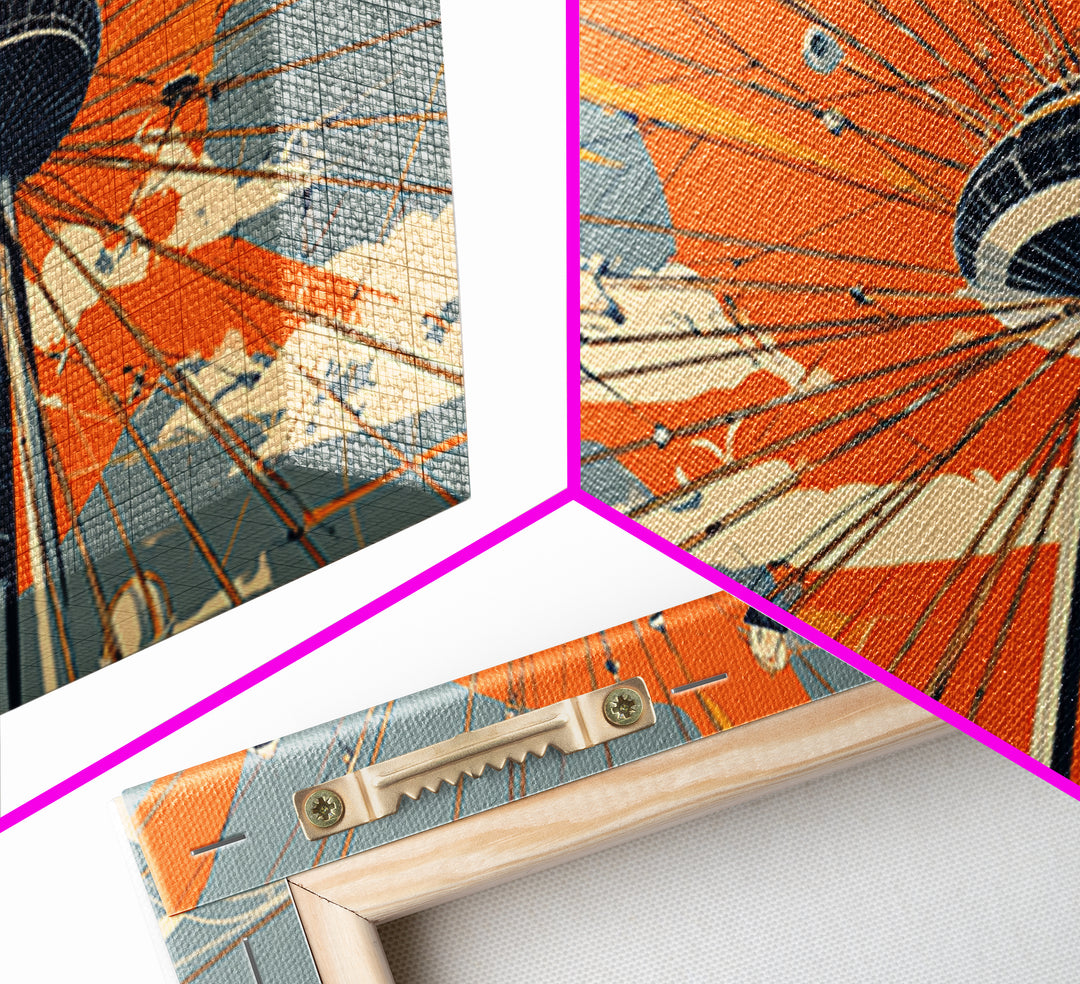 Retro Space Needle With Flying Saucers Canvas Print, Midcentury Modern Wall Art, Orange Sun Poster, Sci Fi Seattle Decor