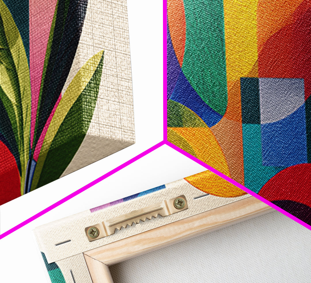 Colorful Geometric Leaves Wall Art, Bold Botanical Mid Century Modern Decor, Abstract Bauhaus Shapes, Vibrant Canvas Print