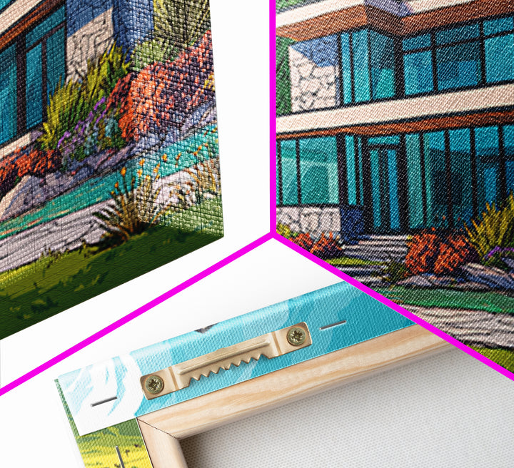 Mountain Modern Glass House Wall Art, Midcentury Modern Architecture Poster, Colorful Landscape Canvas Print, Living Room Decor
