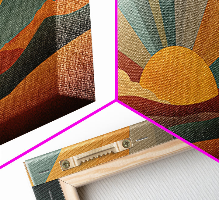 Geometric Retro Sunrise Over Rolling Hills Canvas Print, Midcentury Modern Wall Art, Boho Landscape Poster, Earth Tone Decor