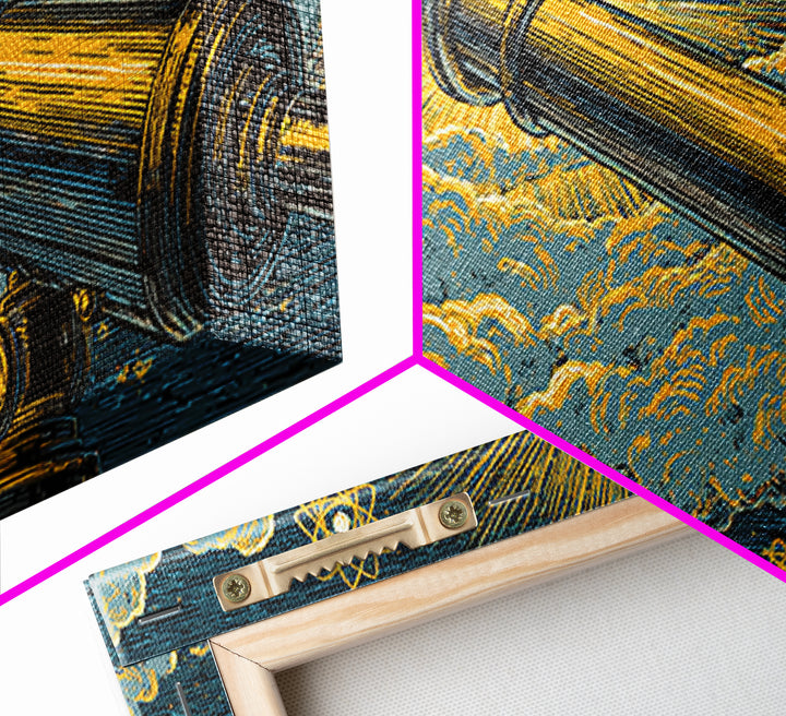 Golden Telescope Atomic Clouds Wall Art, Mid Century Modern Space Decor, Retro Astronomy Poster, MCM Canvas Print For Office