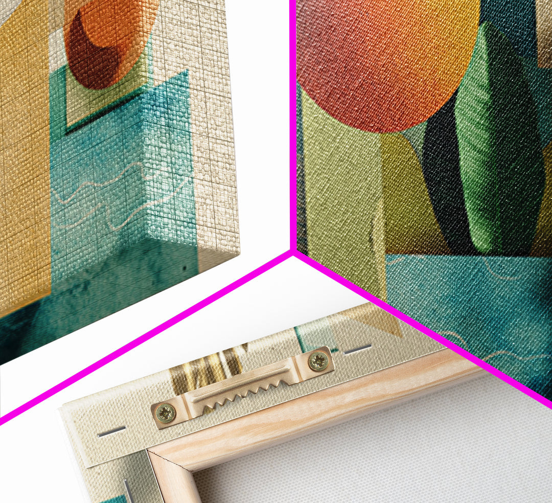 Neutral Teal Orange Geometric Still Life Wall Art, Mid Century Modern Canvas Print, Botanical Shapes, Coastal Home Decor