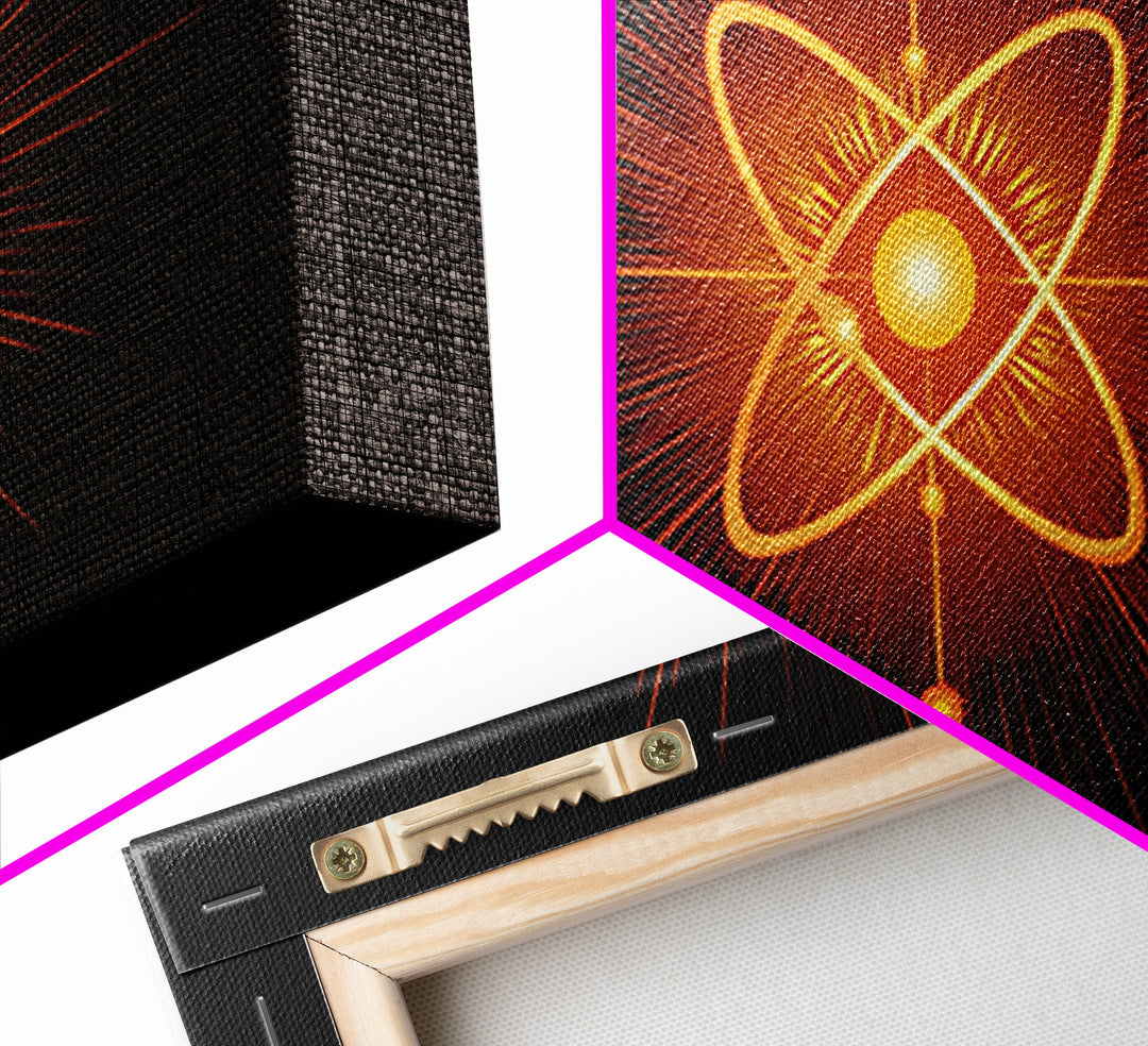 Glowing Orange Atom Wall Art, Black Space Abstract Poster, Mid Century Modern Science Decor, Atomic MCM Canvas Print Gift