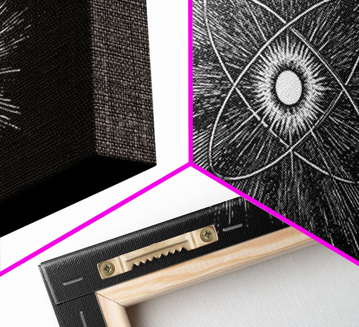 Black And White Atomic Burst Wall Art, Modern Abstract Science Poster, Mid Century Modern Decor, Monochrome Canvas Print