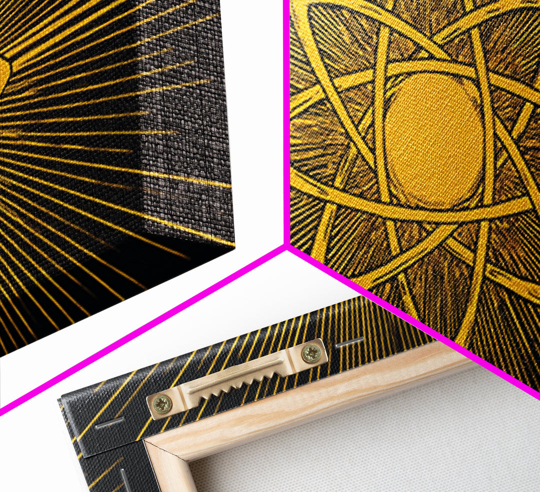 Gold Atomic Rays Canvas Print, Black Mid Century Modern Science Poster, Retro Space Wall Art, Bold Geometric MCM Decor Gift