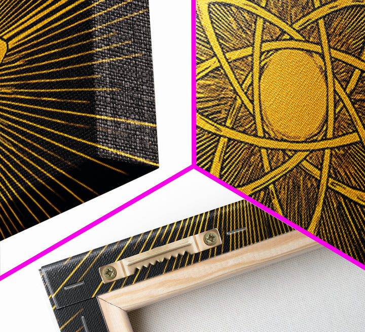 Gold Atomic Rays Canvas Print, Black Mid Century Modern Science Poster, Retro Space Wall Art, Bold Geometric MCM Decor Gift
