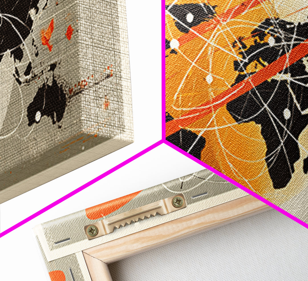 Retro Atomic World Map Wall Art, Mid Century Modern Travel Poster, Orange Black Science Decor, Geometric Canvas Print Gift