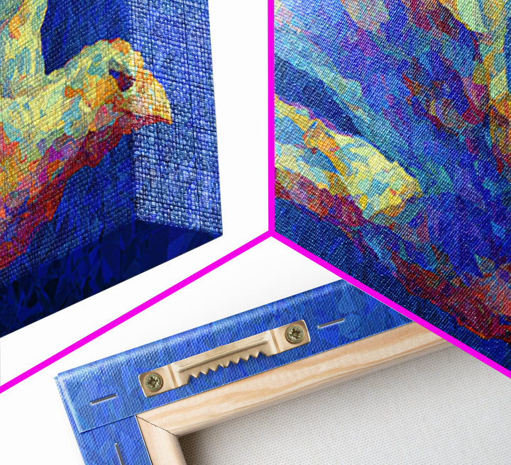 Blue Mosaic Bird In Flight Framed Canvas Print, Modern Abstract Wildlife Art, Colorful Nature Decor, Bold Living Room Wall Art