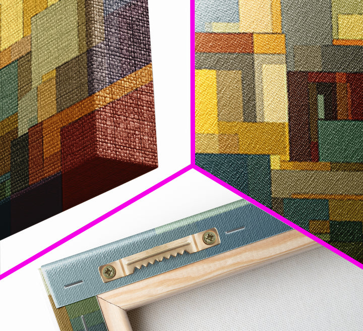 Abstract City Blocks In Muted Teal And Ochre Wall Art, Mid Century Modern Print, Geometric Home Decor, Living Room Artwork