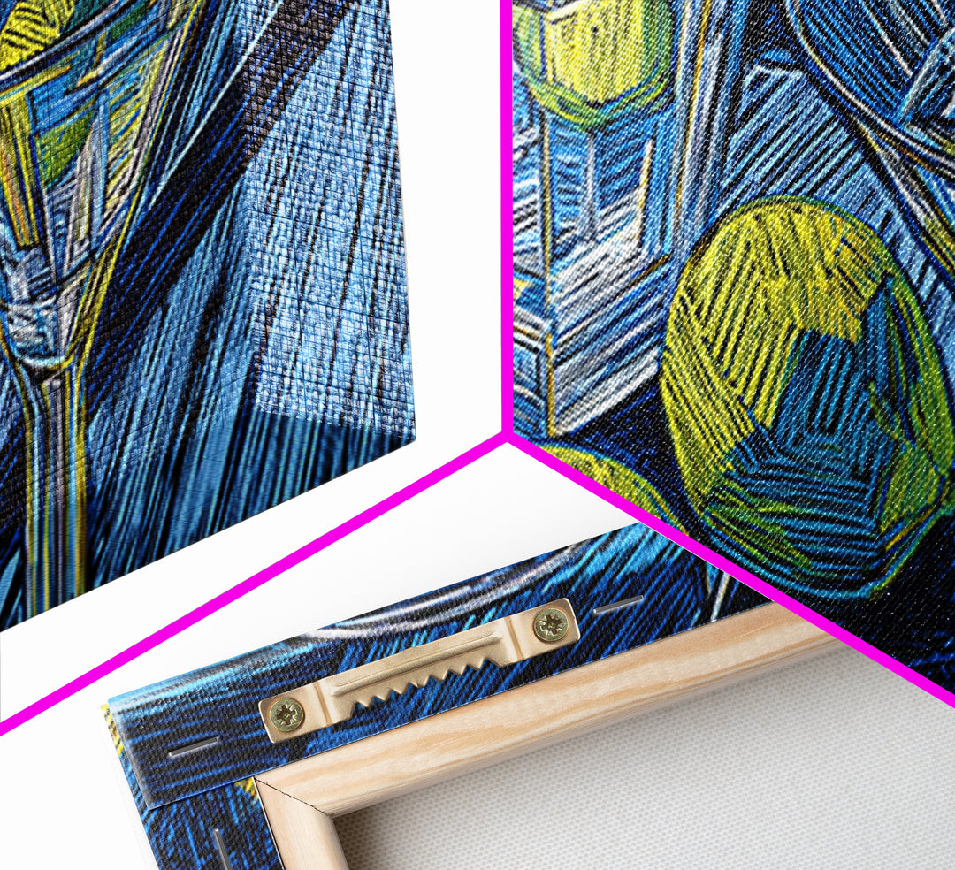Blue Linocut Martini Glasses With Limes Canvas Print, Retro Cocktail Wall Decor, Bar Cart Art Print, Kitchen Poster Gift