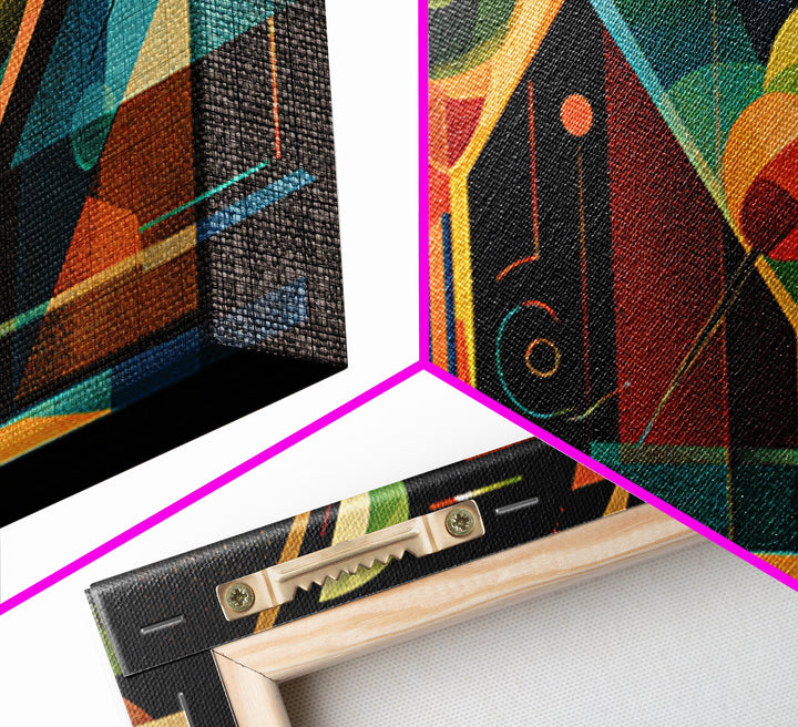 Bauhaus Martini Glasses And Green Olives Framed Canvas Print, Mid Century Modern Bar Wall Decor, Atomic Cocktail Art Print