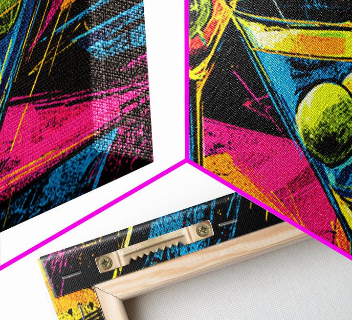 Neon Martini Glasses With Olives Canvas Print, Retro Bar Art, Vibrant Cocktail Poster, Funky Wall Decor For Kitchen Lounge