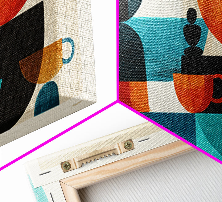 Geometric Coffee Cups Still Life Canvas Print, Midcentury Modern Kitchen Decor, Retro Cafe Wall Art, Teal Orange MCM Poster