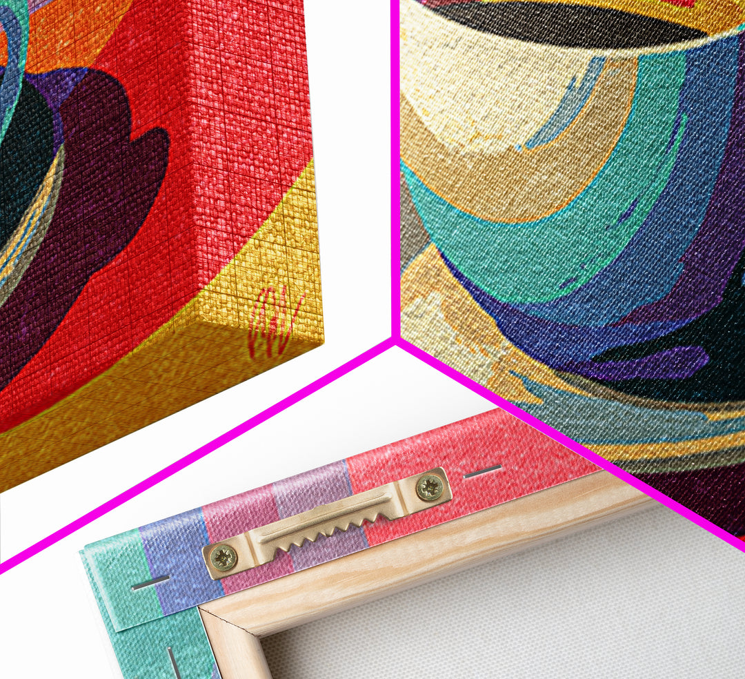 Rainbow Coffee Cup And Saucer Canvas Print, Retro Kitchen Wall Art, Colorful Midcentury Poster, Bright Cafe Home Decor Print