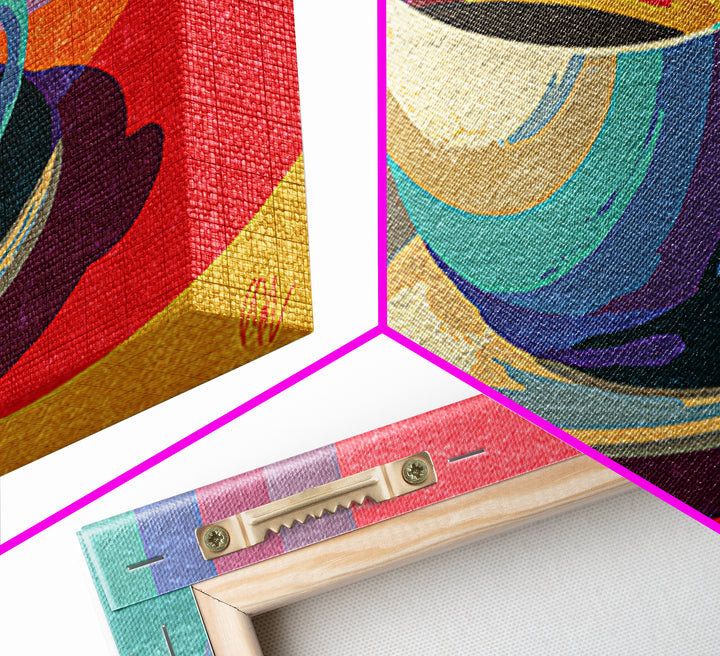 Rainbow Coffee Cup And Saucer Canvas Print, Retro Kitchen Wall Art, Colorful Midcentury Poster, Bright Cafe Home Decor Print